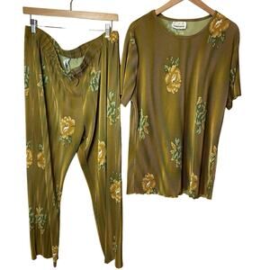 Tomorrow U.S.A. Yellow/ Gold Pleated Floral Silky Y2K Boho Pant Set XXL